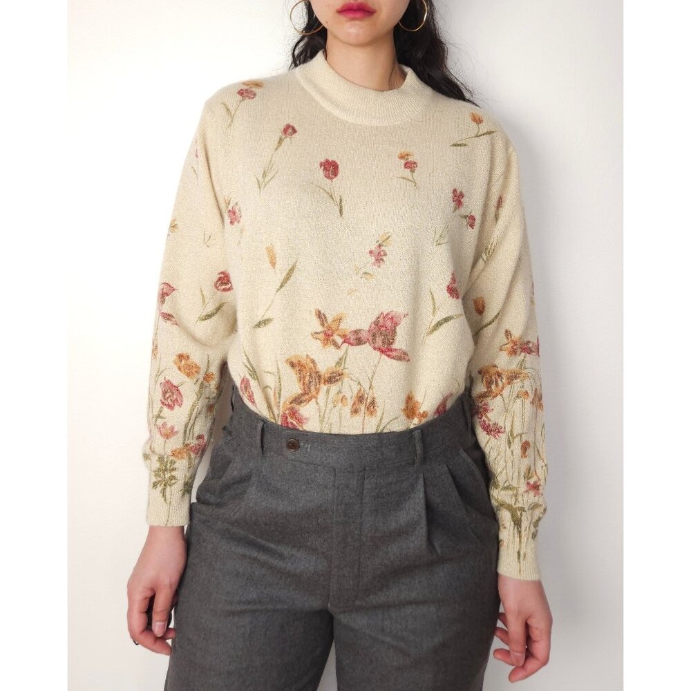 Vintage cream gold sparkly floral mock neck angora wool fine knit sweater women